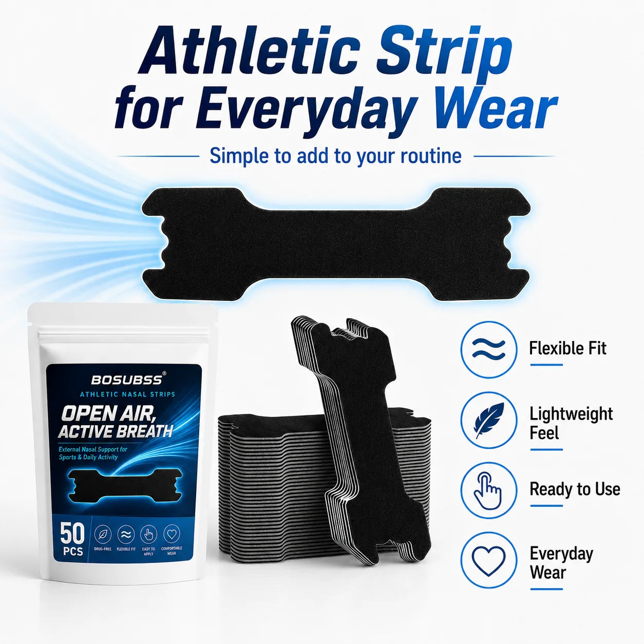 Performance Nose Strips for Breathing (50 Count) - Oil & Sweat Proof Adhesive - Athletic Nasal Strips for Snoring