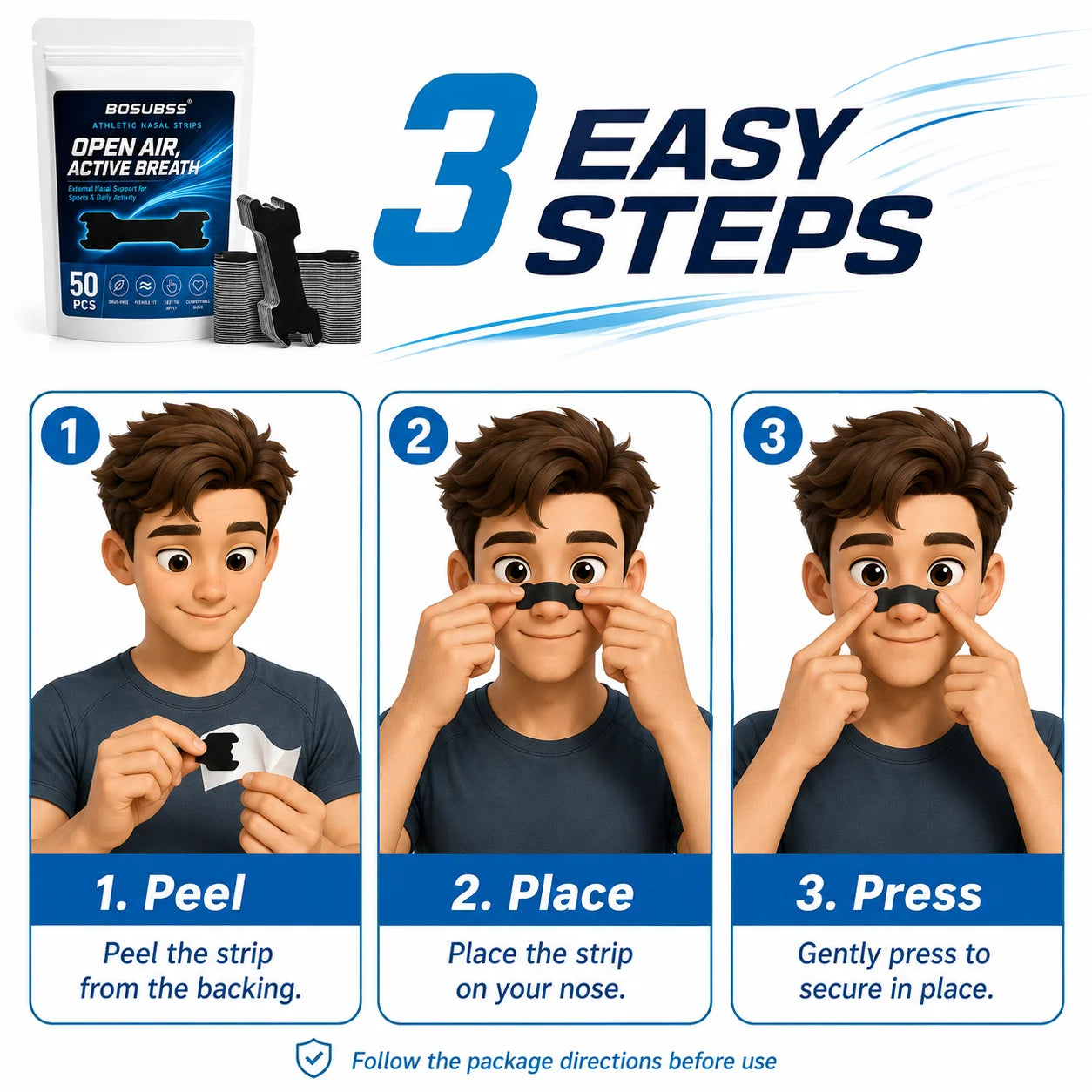 Performance Nose Strips for Breathing (50 Count) - Oil & Sweat Proof Adhesive - Athletic Nasal Strips for Snoring
