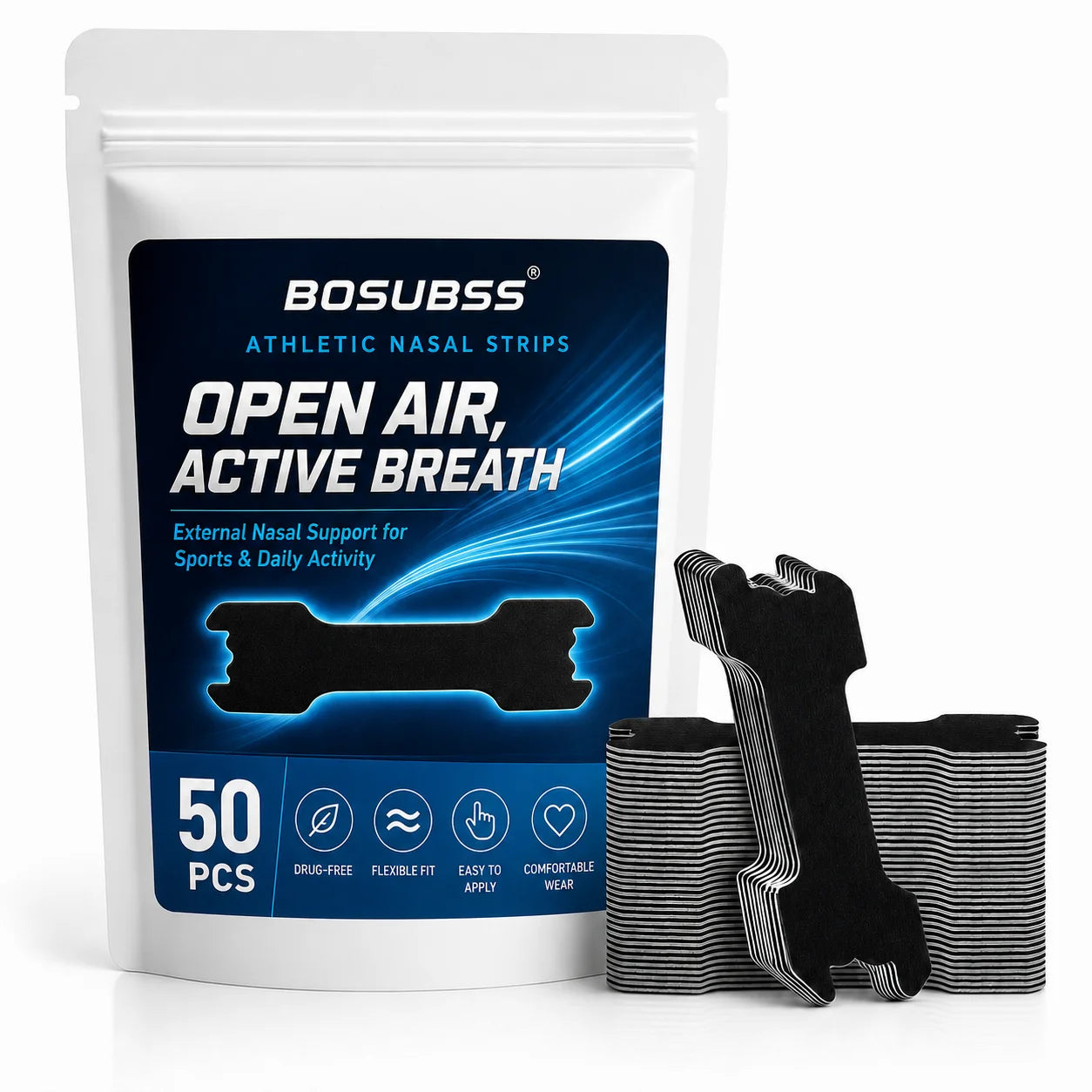 Performance Nose Strips for Breathing (50 Count) - Oil & Sweat Proof Adhesive - Athletic Nasal Strips for Snoring